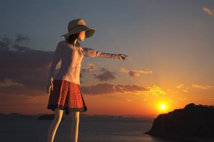 太陽を指さす３Ｄモデル【瀬戸内海の島に沈んでゆく夕日シーン】＠瀬戸埠頭の見える岬でＨＤＲ